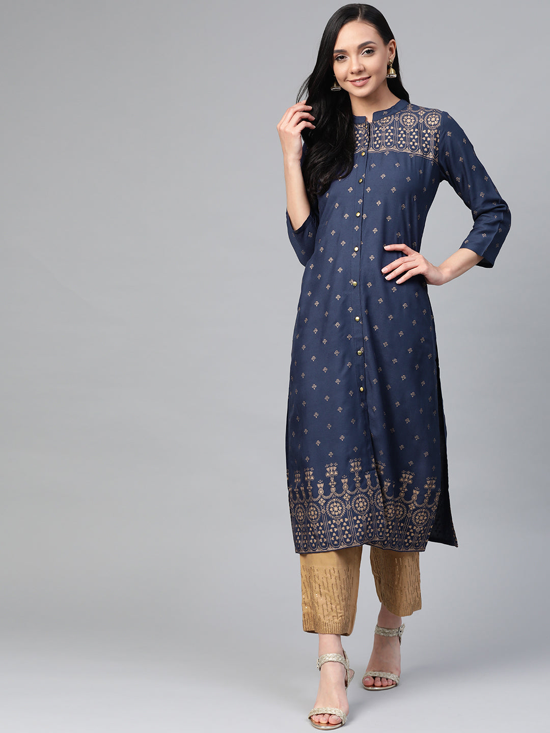 Jompers Women Navy Blue & Golden Block Print Straight Kurta - Distacart