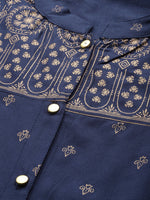 Thumbnail for Jompers Women Navy Blue & Golden Block Print Straight Kurta - Distacart