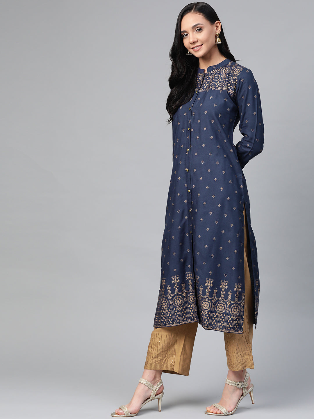 Jompers Women Navy Blue & Golden Block Print Straight Kurta - Distacart