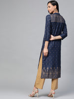 Thumbnail for Jompers Women Navy Blue & Golden Block Print Straight Kurta - Distacart