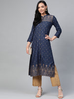 Thumbnail for Jompers Women Navy Blue & Golden Block Print Straight Kurta - Distacart