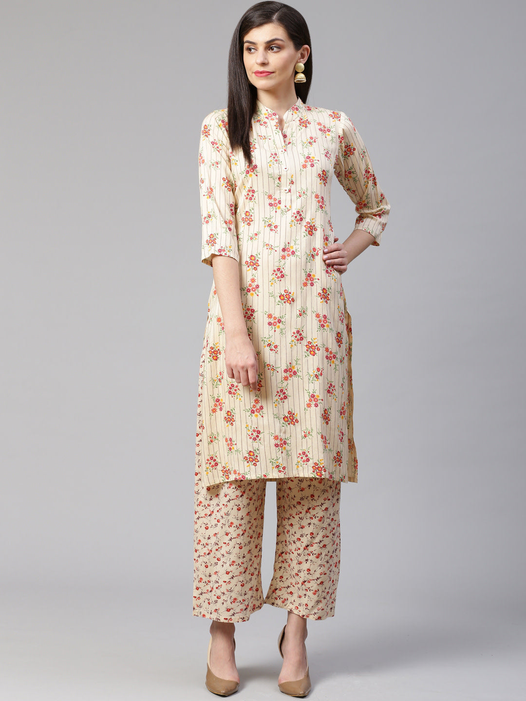 Jompers Women Cream-Coloured & Red Floral Print Kurta with Palazzos - Distacart