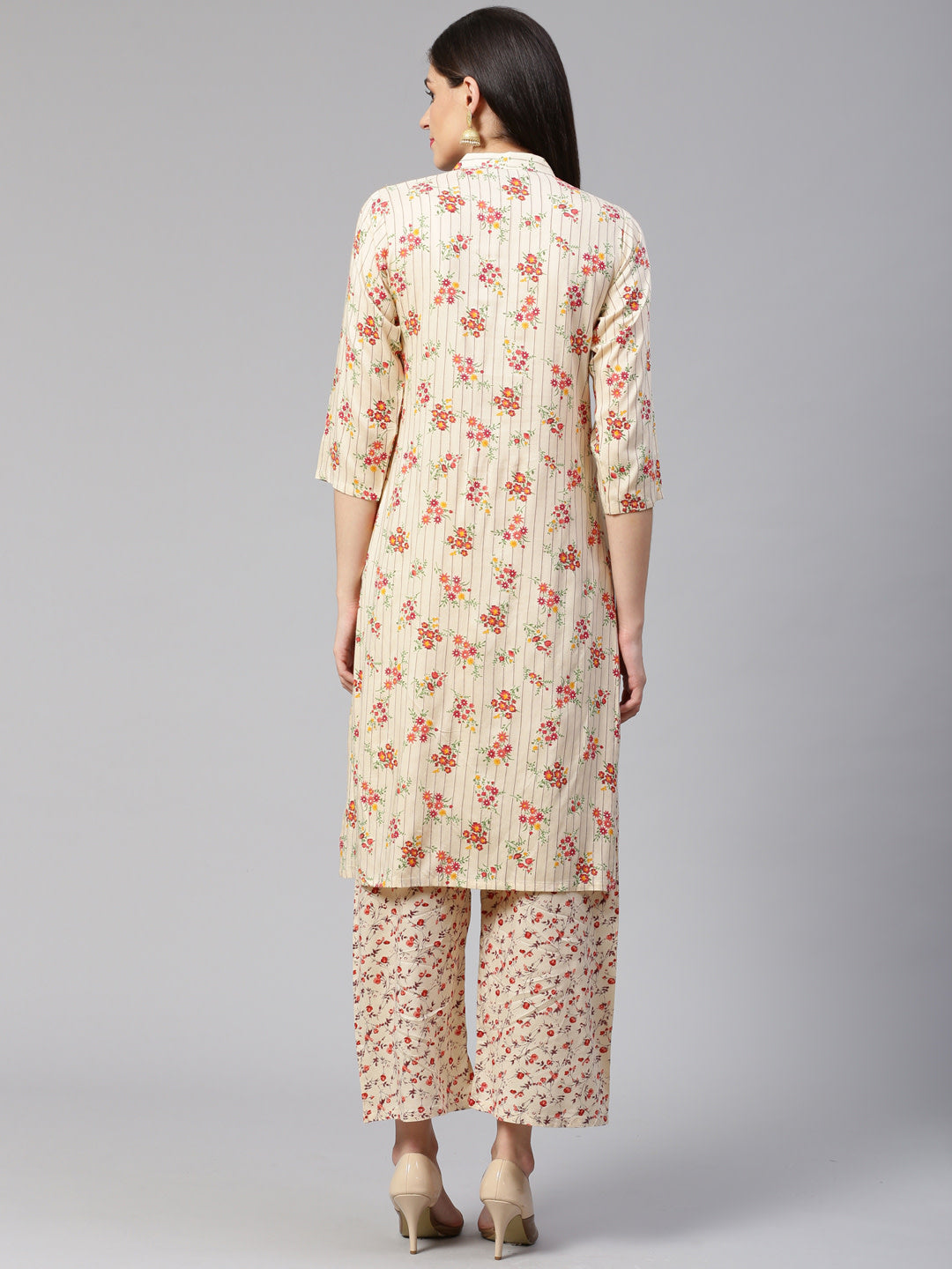 Jompers Women Cream-Coloured & Red Floral Print Kurta with Palazzos - Distacart
