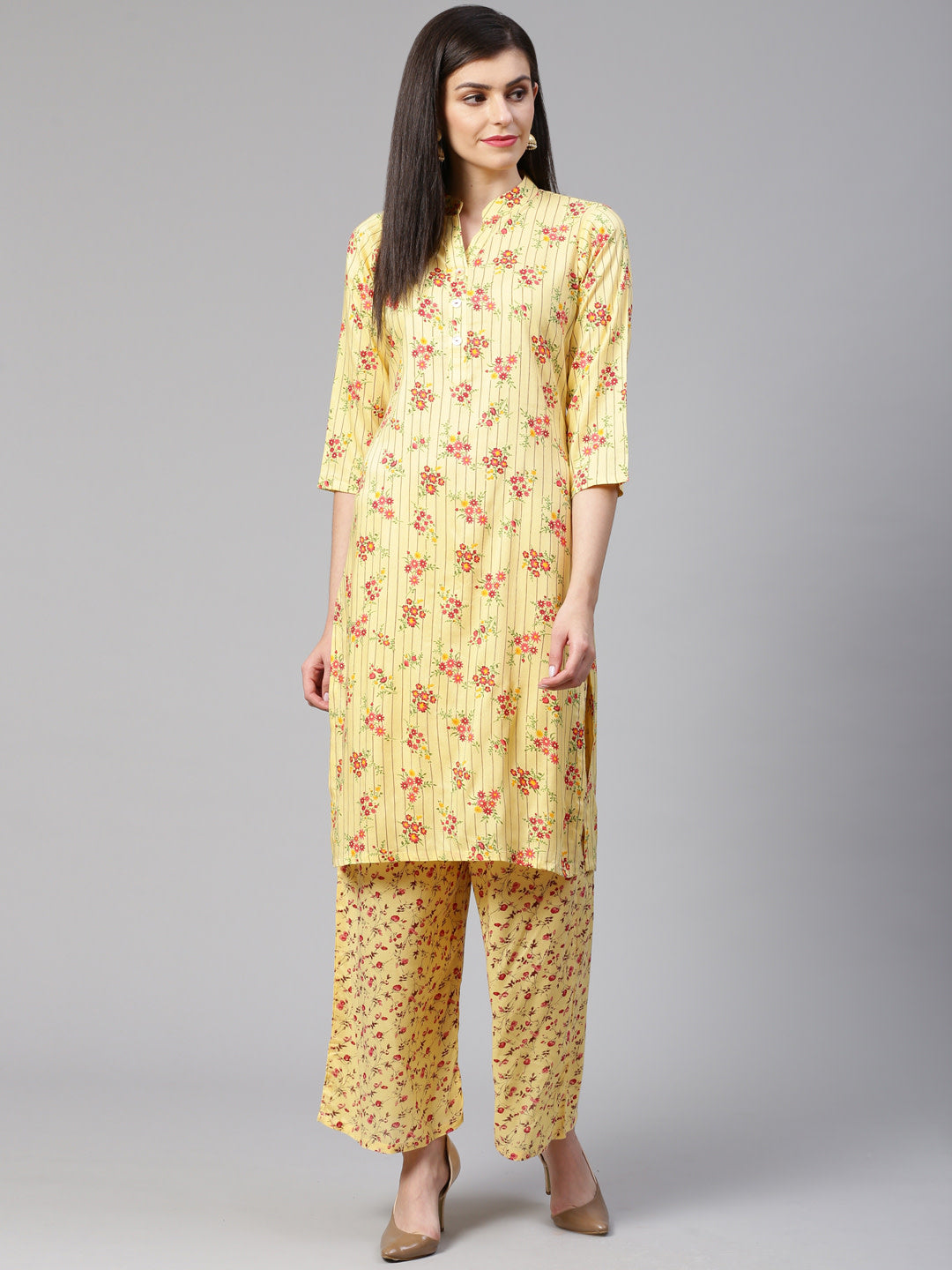 Jompers Women Yellow-Coloured & Red Floral Print Kurta with Palazzos - Distacart