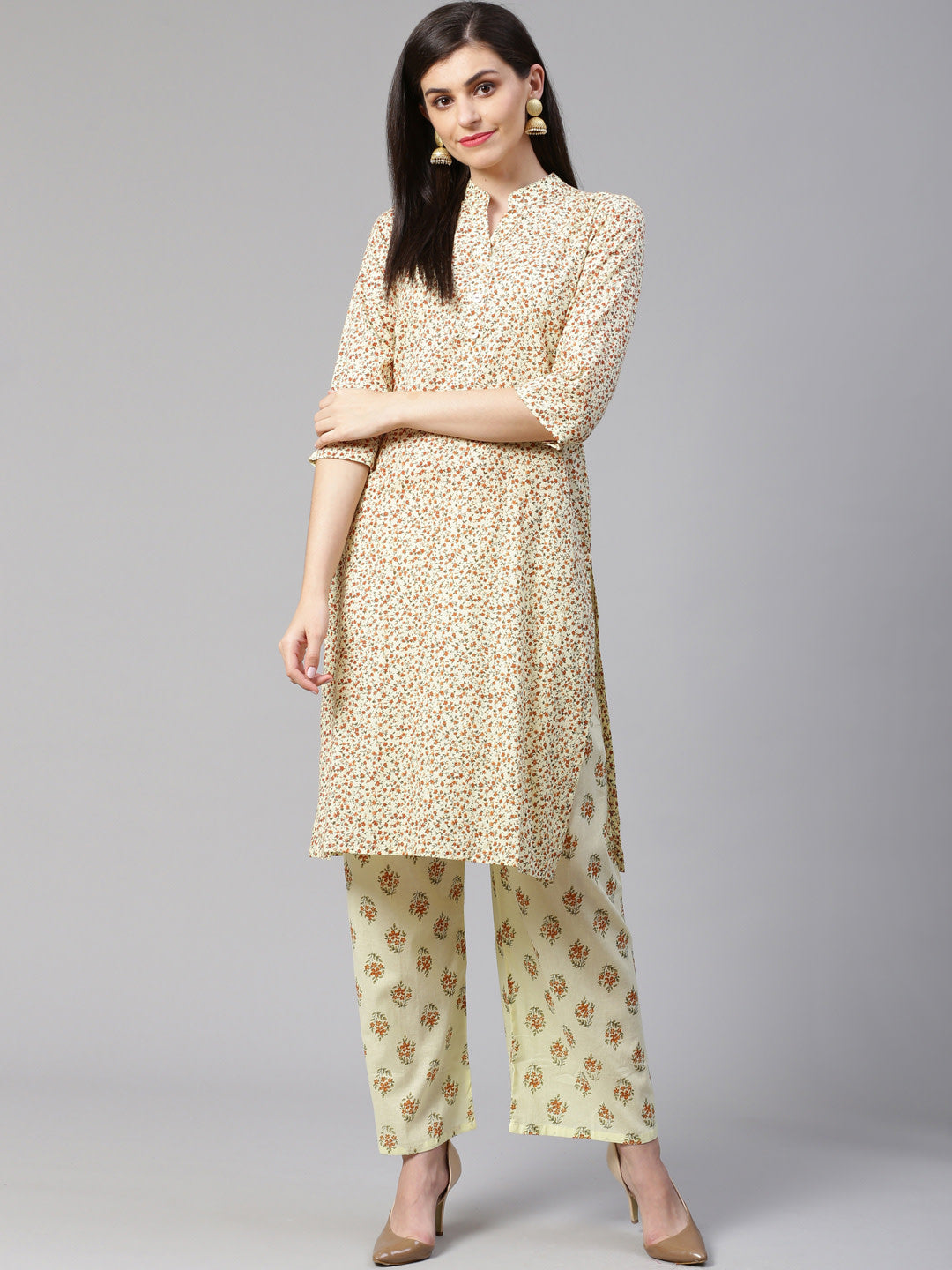 Jompers Women Yellow Floral Printed Kurta with Palazzos - Distacart