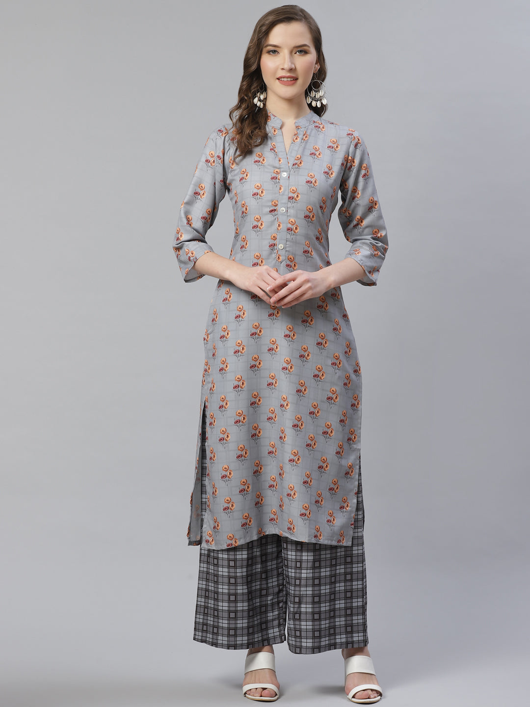 Jompers Women Grey & Beige Floral Printed Kurta with Palazzos - Distacart