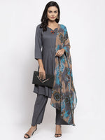 Thumbnail for Jompers Women Grey Solid Kurta with Palazzos & Gorgette Printed Dupatta - Distacart