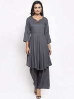 Thumbnail for Jompers Women Grey Solid Kurta with Palazzos & Gorgette Orange Printed Dupatta - Distacart