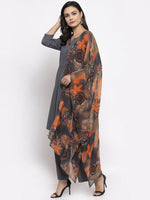 Thumbnail for Jompers Women Grey Solid Kurta with Palazzos & Gorgette Orange Printed Dupatta - Distacart