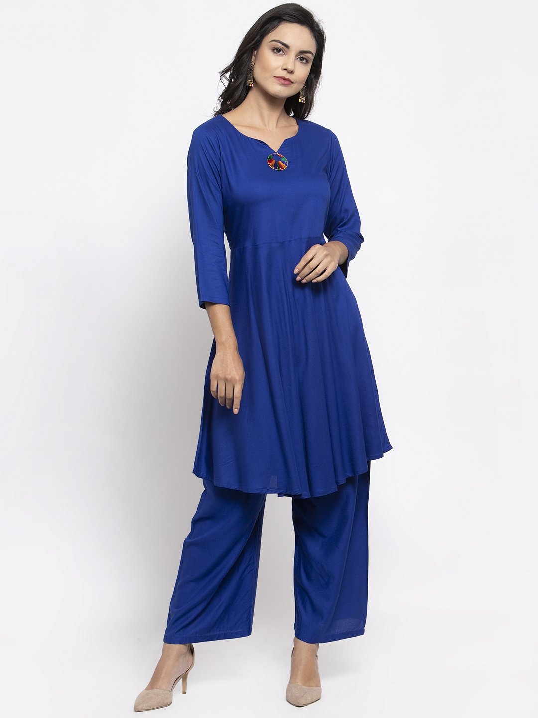 Jompers Women Royal-Blue Solid Kurta with Palazzos & Art-Silk Printed Dupatta - Distacart