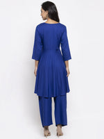 Thumbnail for Jompers Women Royal-Blue Solid Kurta with Palazzos & Art-Silk Printed Dupatta - Distacart