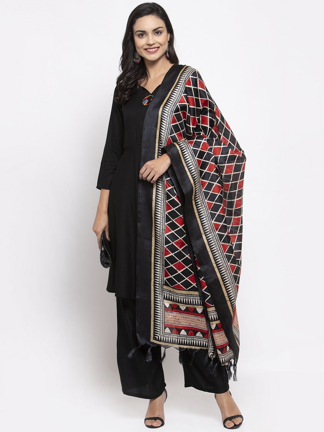 Jompers Women Black & Red Solid Kurta with Palazzos & Dupatta - Distacart