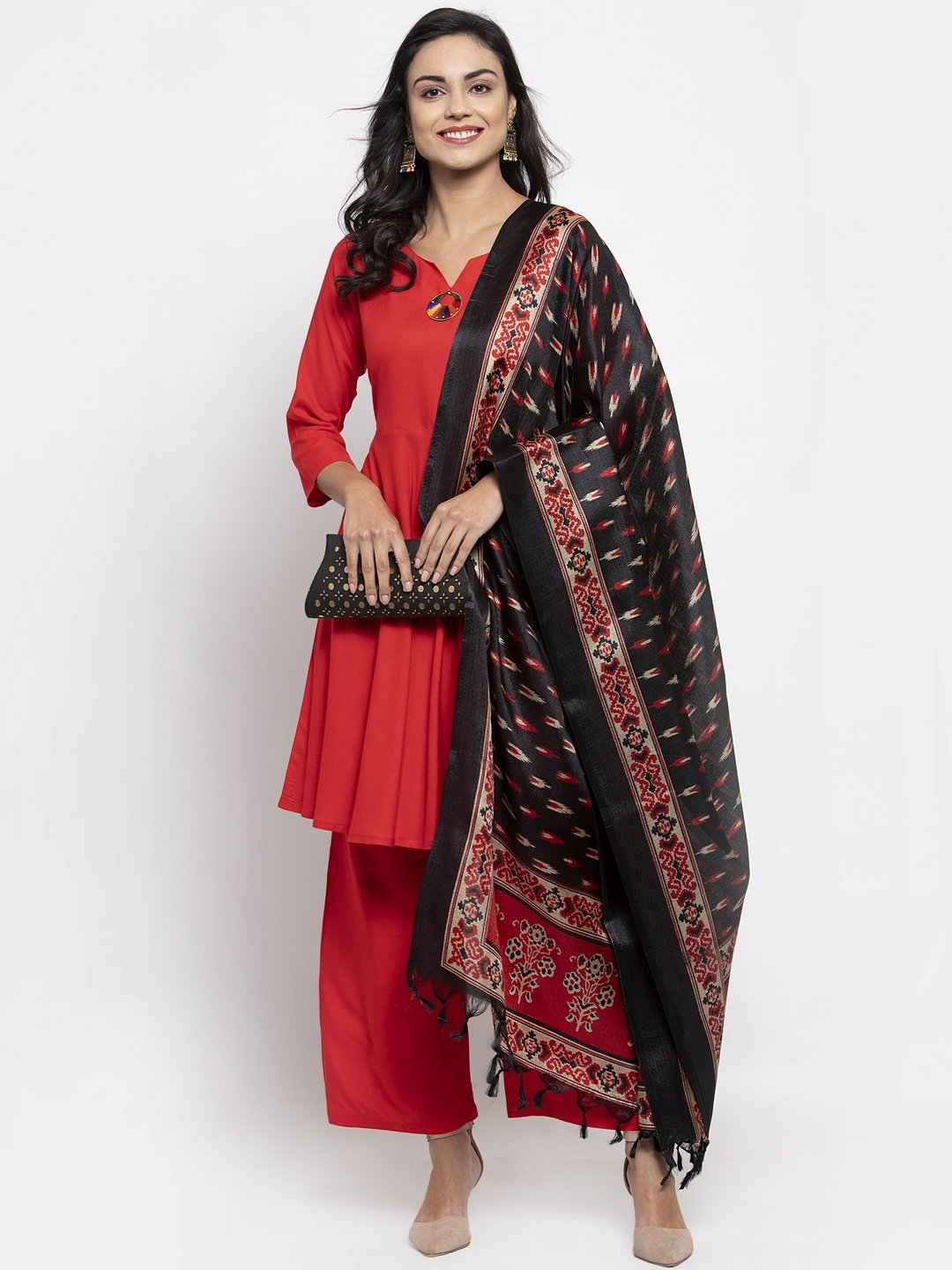 Jompers Women Red Solid Kurta with Palazzos & Red-Black Printed Dupatta - Distacart