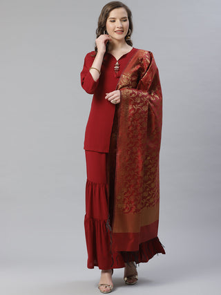 Jompers Women Maroon & Golden Solid Kurti with Sharara & Woven Design Dupatta - Distacart