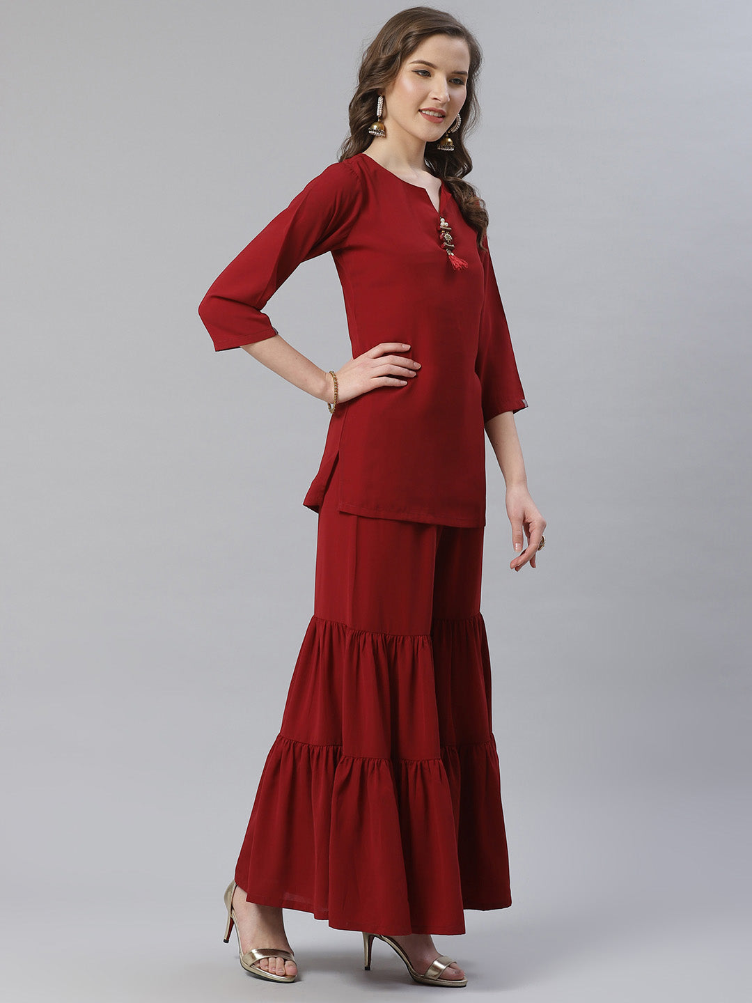Jompers Women Maroon & Golden Solid Kurti with Sharara & Woven Design Dupatta - Distacart