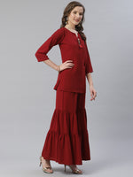 Thumbnail for Jompers Women Maroon & Golden Solid Kurti with Sharara & Woven Design Dupatta - Distacart