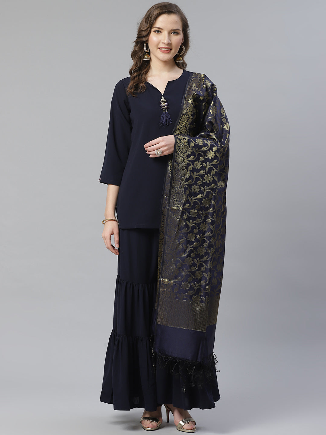 Jompers Women Navy Blue & Golden Solid Kurti with Sharara & Woven Design Dupatta - Distacart