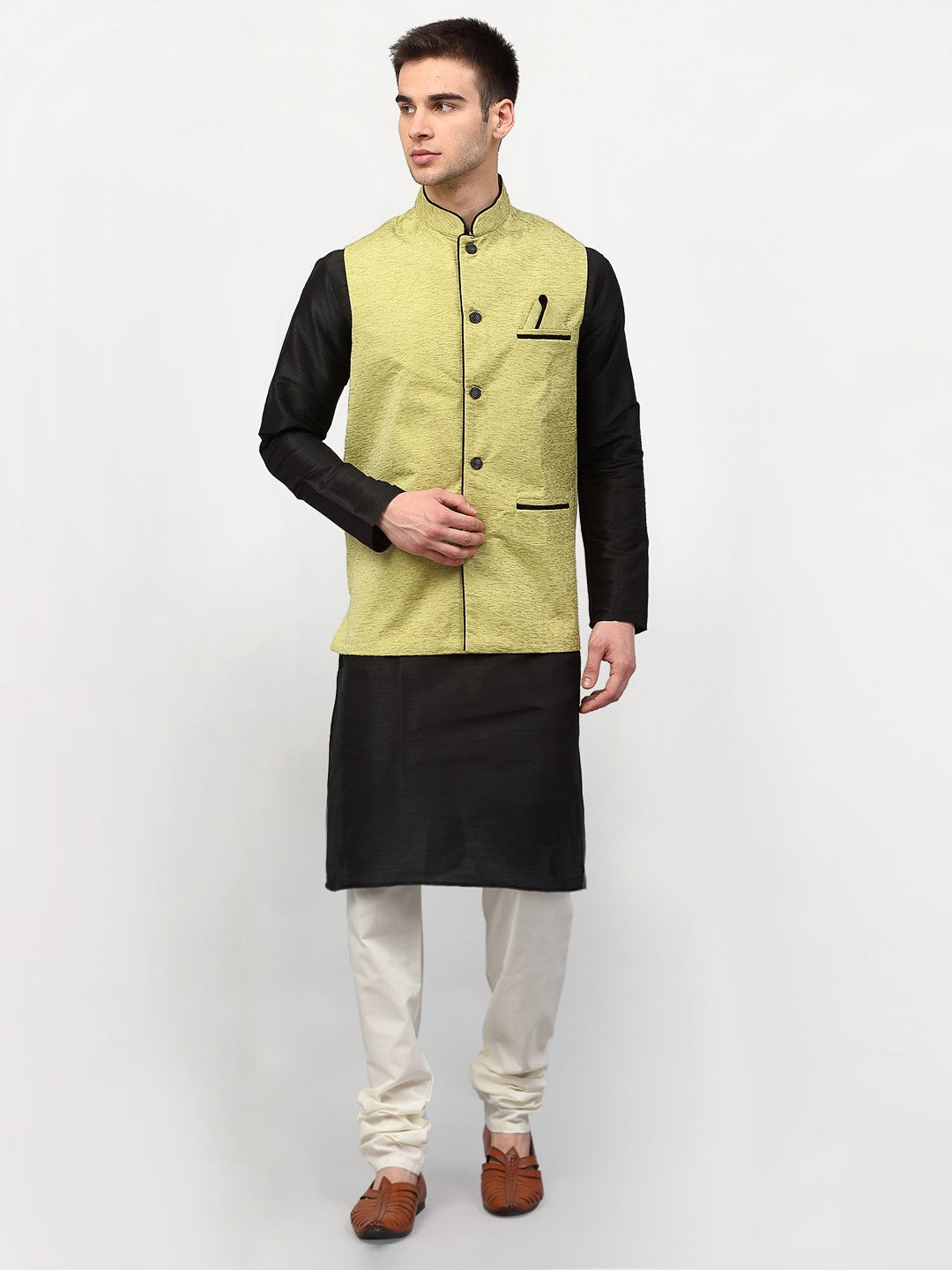 Jompers Men's Black Dupion Silk Kurta with Churidar & Nehru Jacket ( Green ) - Distacart