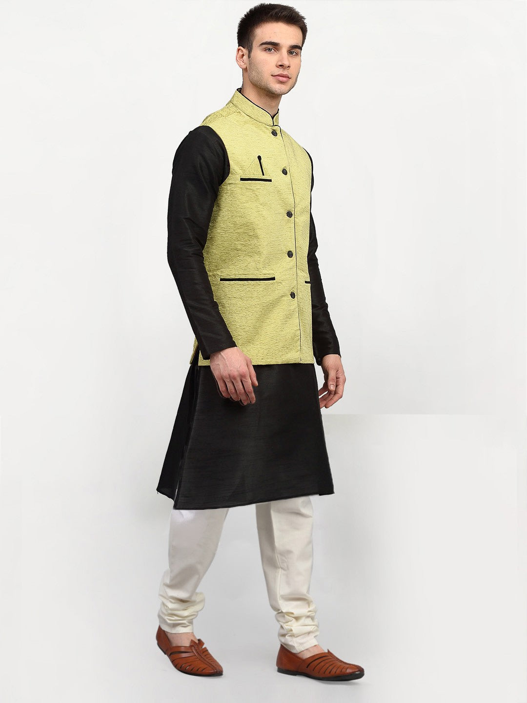 Jompers Men's Black Dupion Silk Kurta with Churidar & Nehru Jacket ( Green ) - Distacart