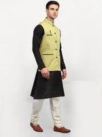 Thumbnail for Jompers Men's Black Dupion Silk Kurta with Churidar & Nehru Jacket ( Green ) - Distacart
