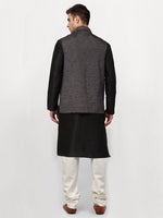 Thumbnail for Jompers Men's Black Dupion Silk Kurta with Churidar & Nehru Jacket ( Grey ) - Distacart