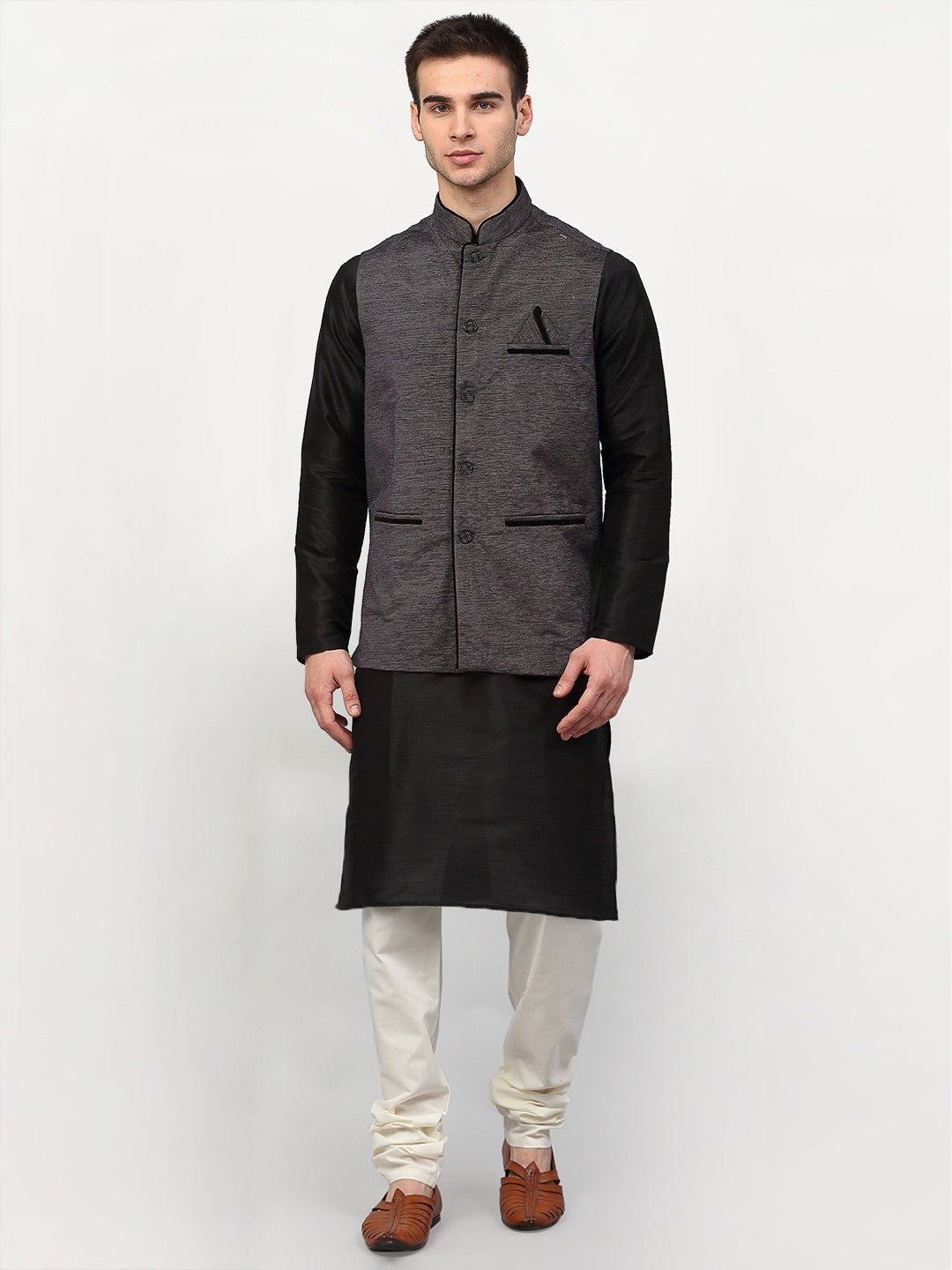 Jompers Men's Black Dupion Silk Kurta with Churidar & Nehru Jacket ( Grey ) - Distacart