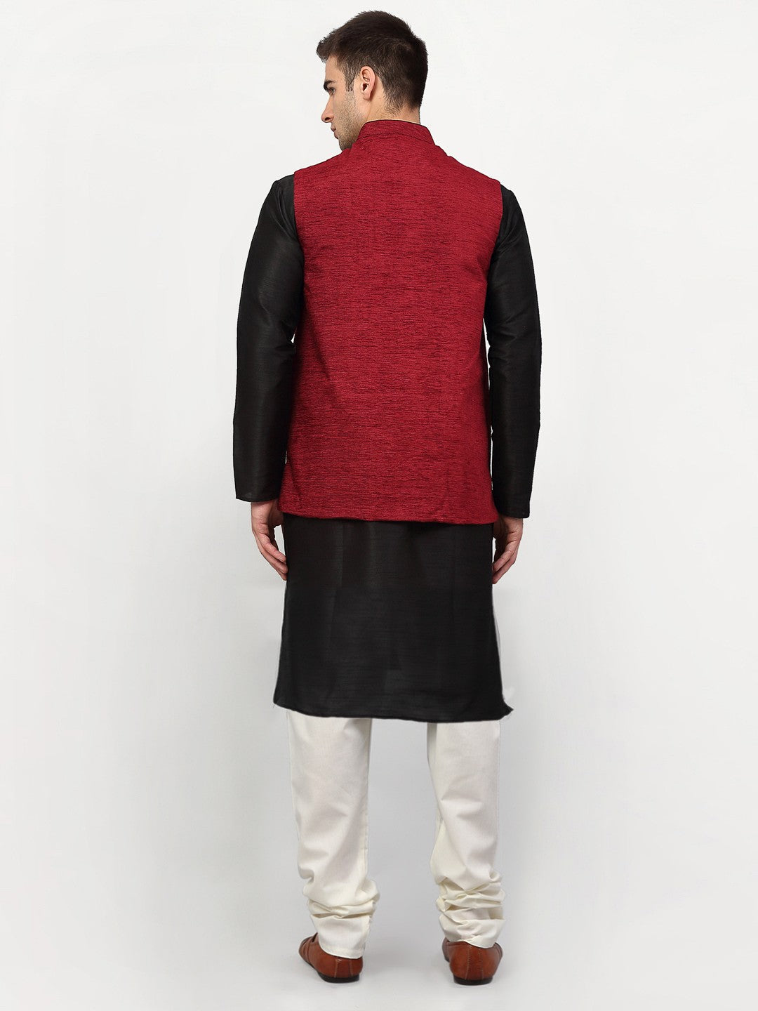 Jompers Men's Black Dupion Silk Kurta with Churidar & Nehru Jacket ( Maroon ) - Distacart