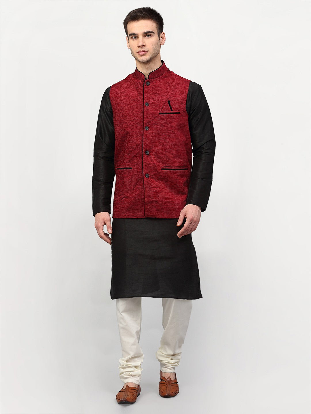 Jompers Men's Black Dupion Silk Kurta with Churidar & Nehru Jacket ( Maroon ) - Distacart