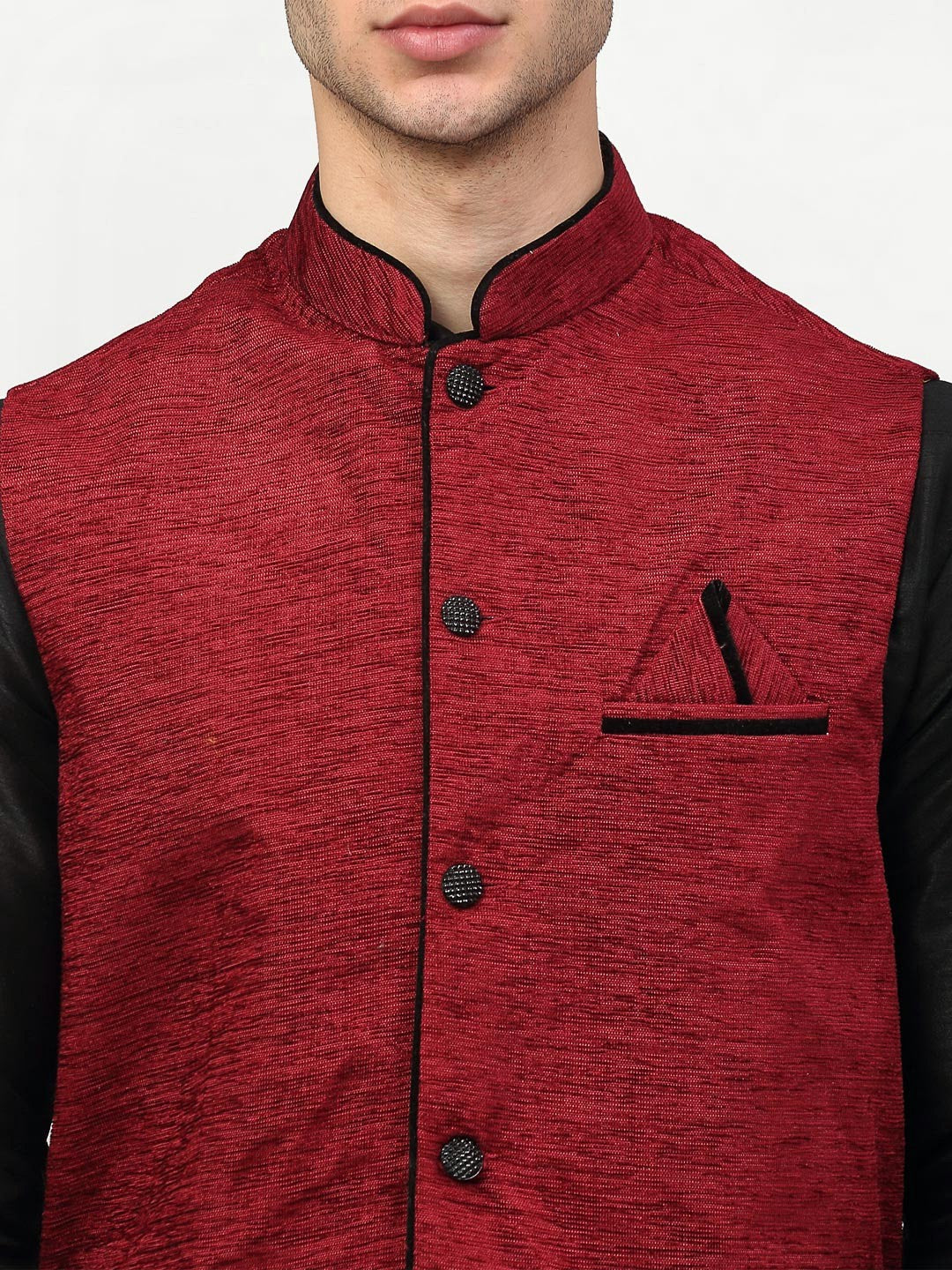 Jompers Men's Black Dupion Silk Kurta with Churidar & Nehru Jacket ( Maroon ) - Distacart