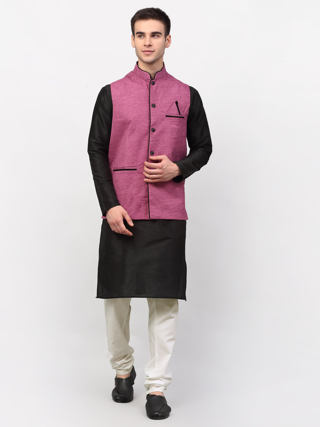 Jompers Men's Black Dupion Silk Kurta with Churidar & Nehru Jacket ( Purple ) - Distacart