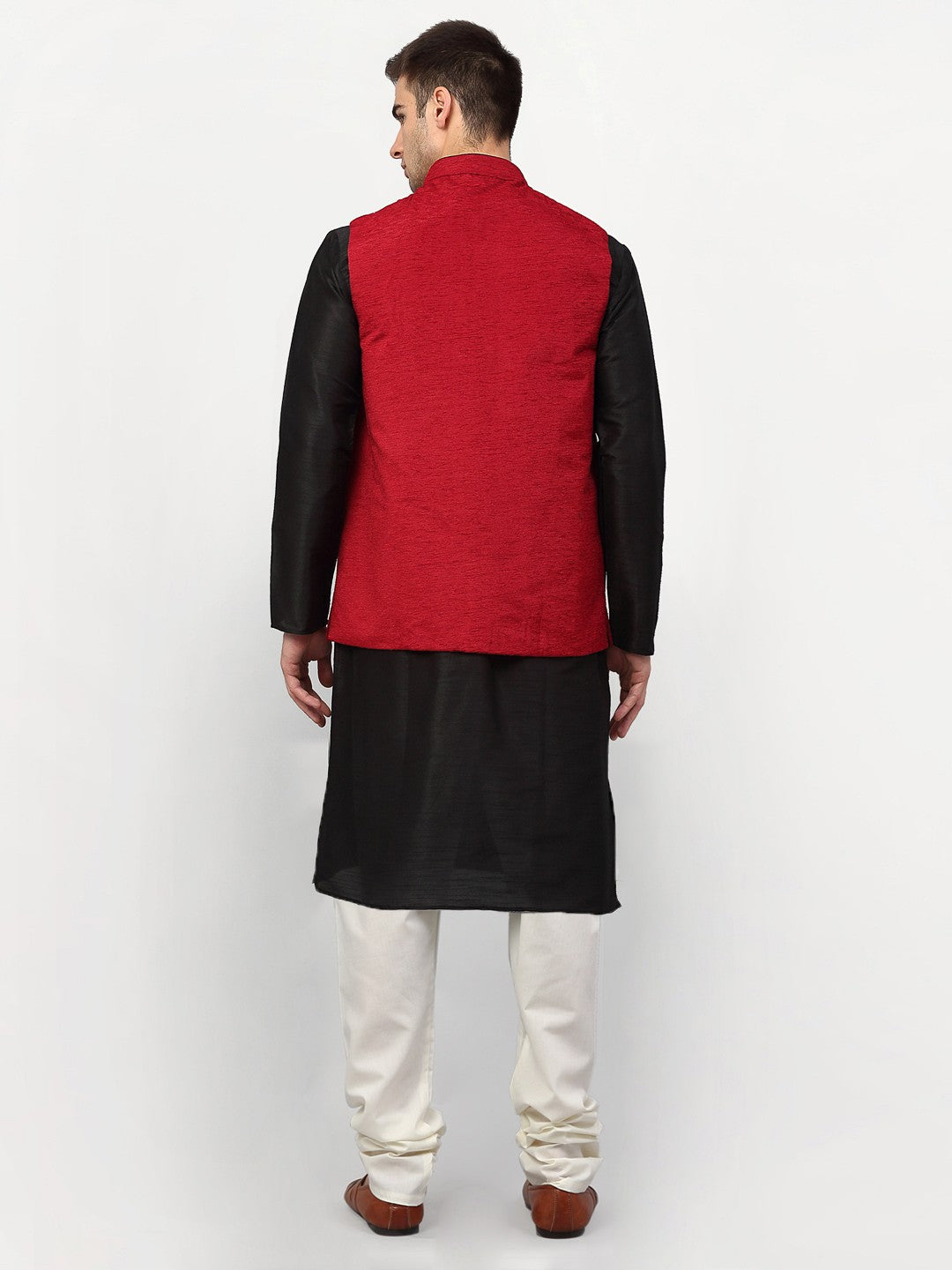 Jompers Men's Black Dupion Silk Kurta with Churidar & Nehru Jacket ( Red ) - Distacart