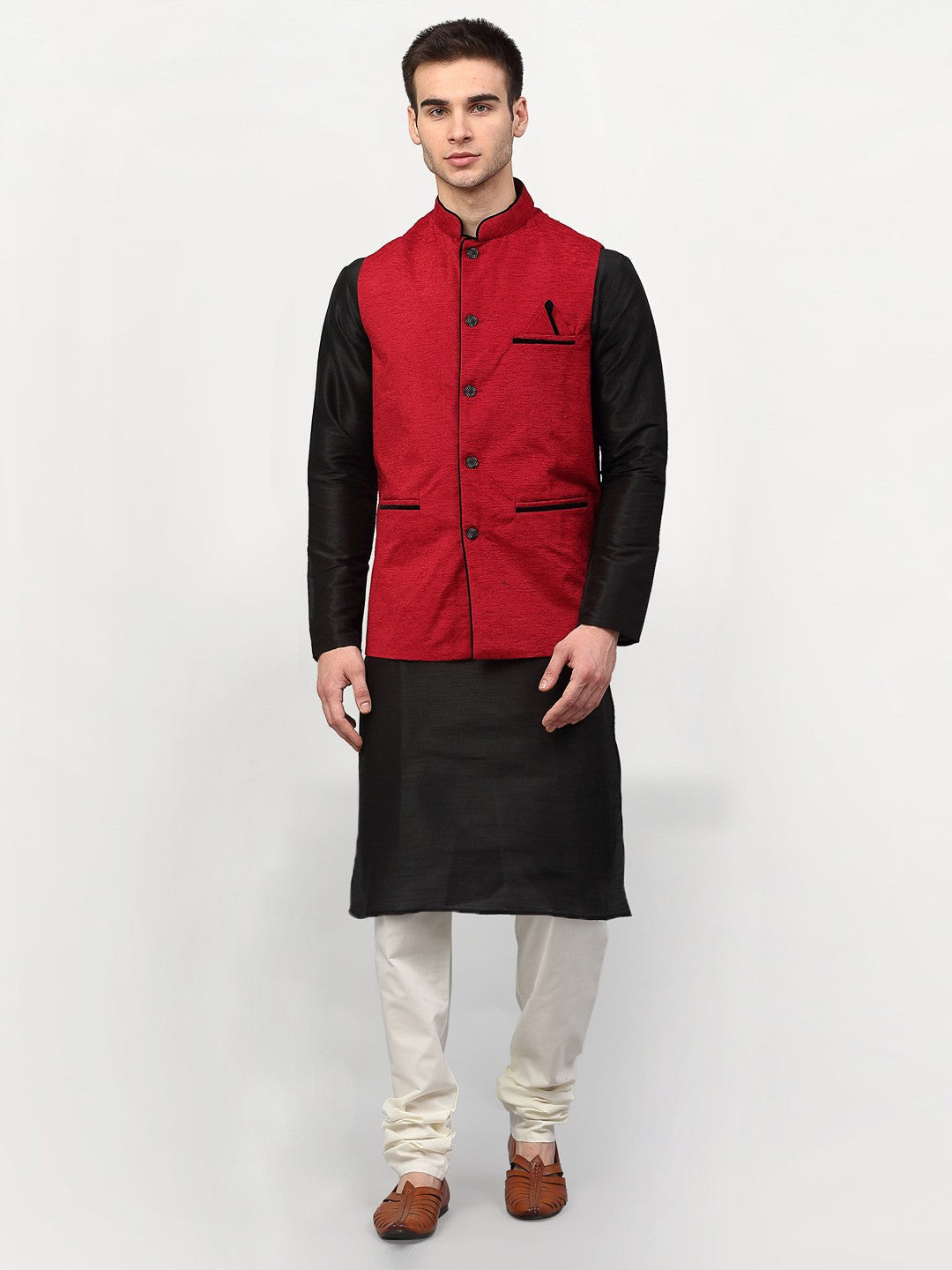 Jompers Men's Black Dupion Silk Kurta with Churidar & Nehru Jacket ( Red ) - Distacart