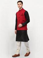 Thumbnail for Jompers Men's Black Dupion Silk Kurta with Churidar & Nehru Jacket ( Red ) - Distacart