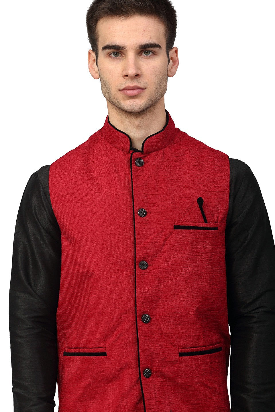 Jompers Men's Black Dupion Silk Kurta with Churidar & Nehru Jacket ( Red ) - Distacart