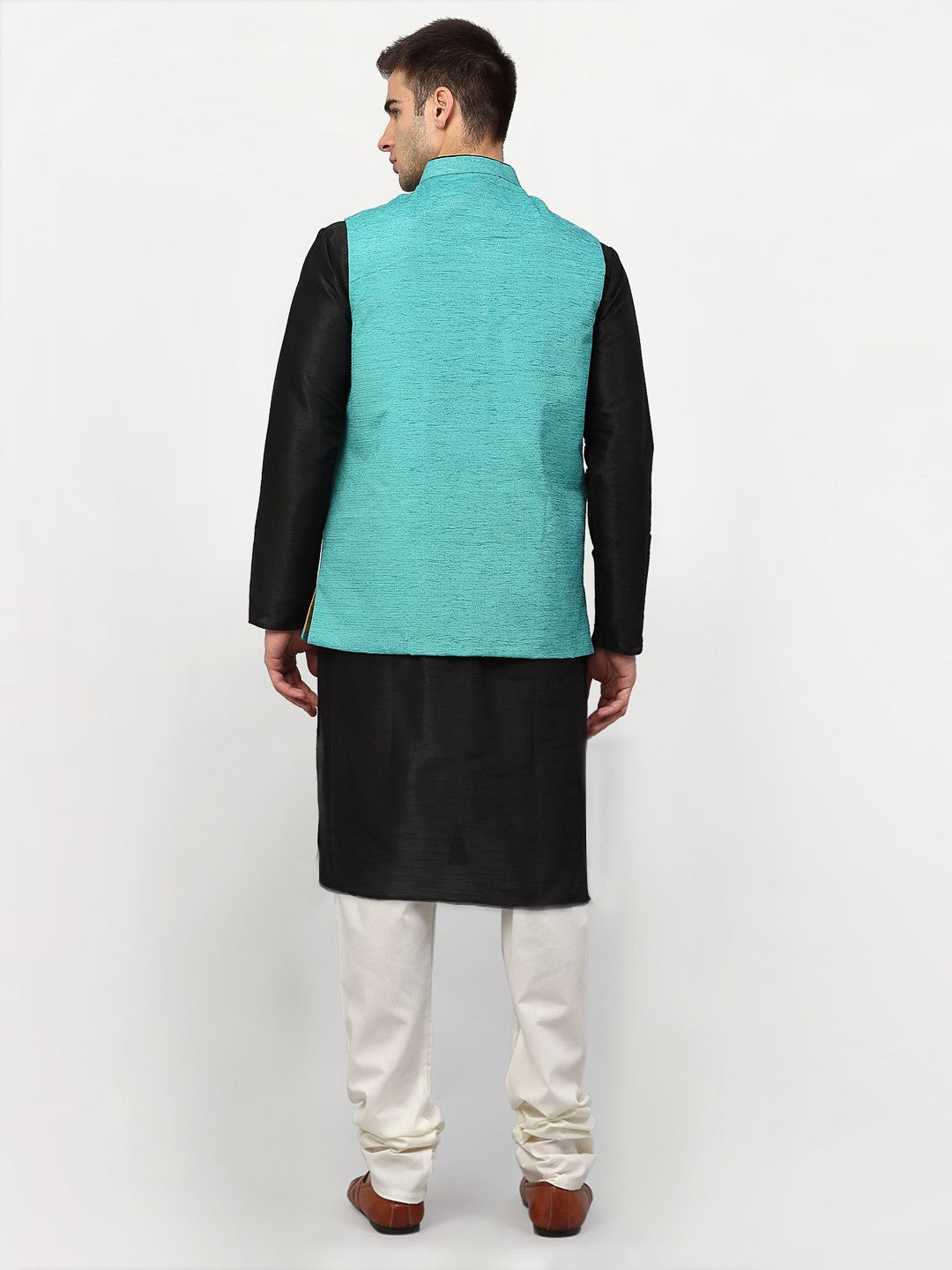 Jompers Men's Black Dupion Silk Kurta with Churidar & Nehru Jacket ( Sky ) - Distacart
