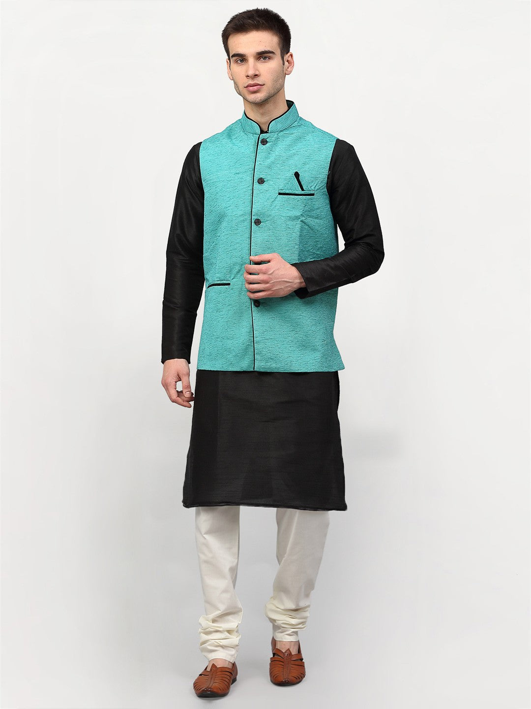 Jompers Men's Black Dupion Silk Kurta with Churidar & Nehru Jacket ( Sky ) - Distacart