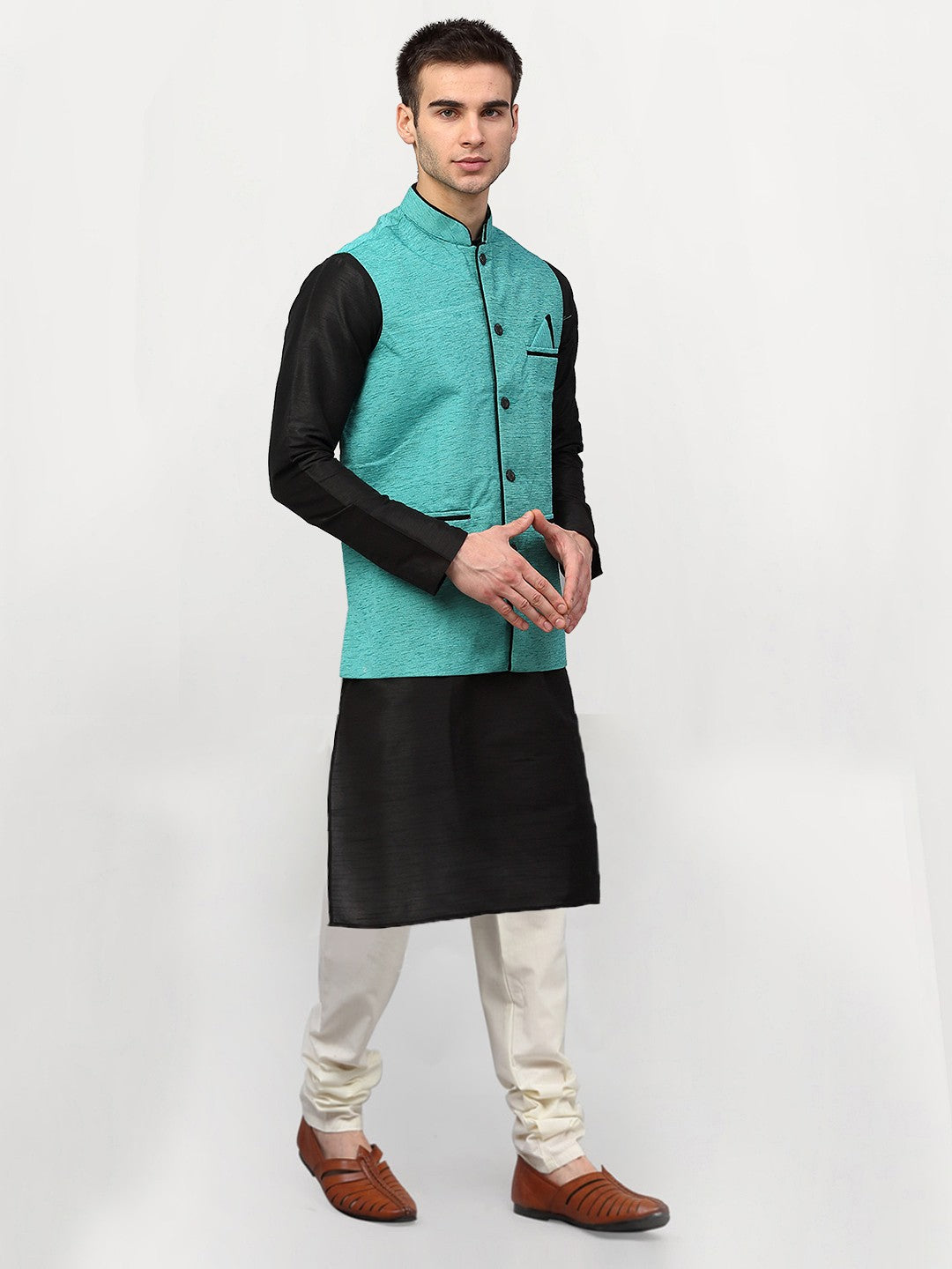Jompers Men's Black Dupion Silk Kurta with Churidar & Nehru Jacket ( Sky ) - Distacart