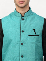 Thumbnail for Jompers Men's Black Dupion Silk Kurta with Churidar & Nehru Jacket ( Sky ) - Distacart
