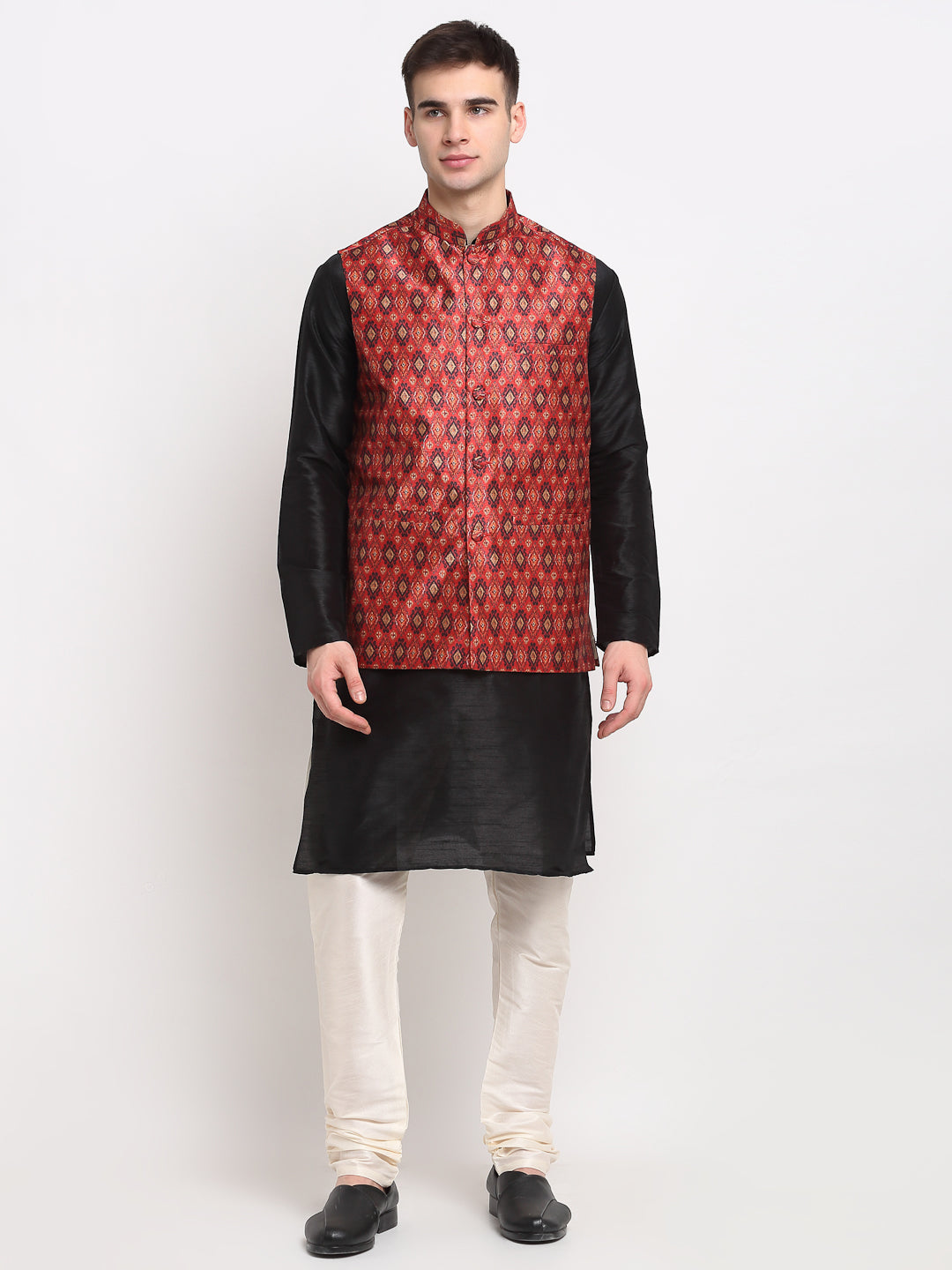Jompers Men's Black Dupion Silk Kurta with Churidar & Nehru Jacket ( Red ) - Distacart