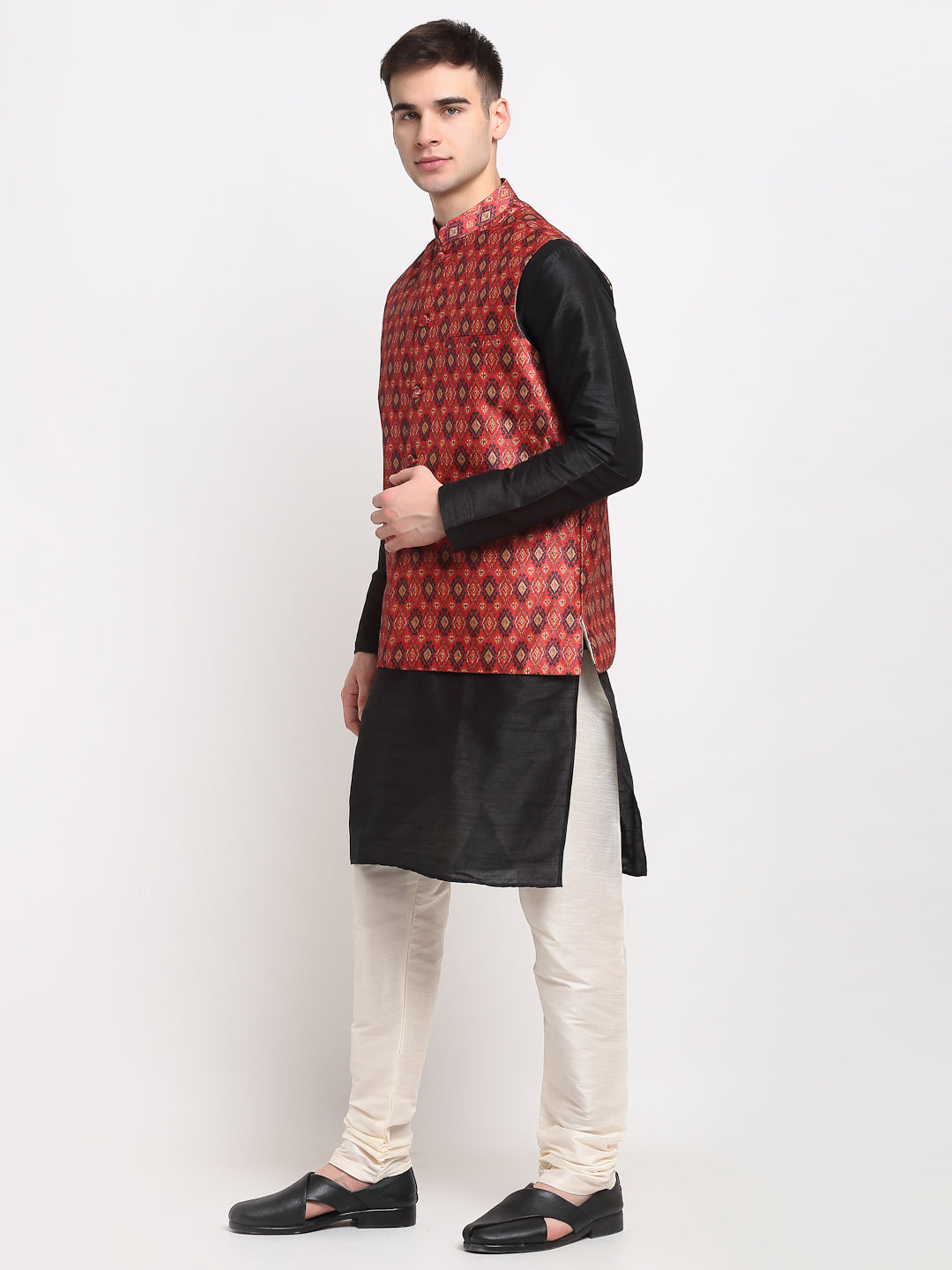 Jompers Men's Black Dupion Silk Kurta with Churidar & Nehru Jacket ( Red ) - Distacart