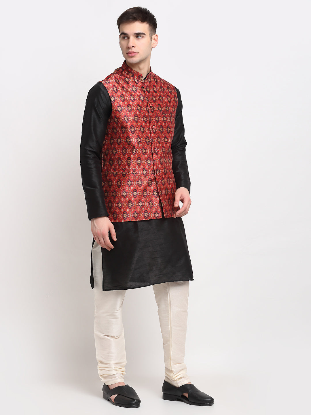 Jompers Men's Black Dupion Silk Kurta with Churidar & Nehru Jacket ( Red ) - Distacart