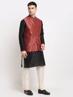 Thumbnail for Jompers Men's Black Dupion Silk Kurta with Churidar & Nehru Jacket ( Red ) - Distacart
