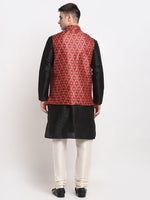 Thumbnail for Jompers Men's Black Dupion Silk Kurta with Churidar & Nehru Jacket ( Red ) - Distacart