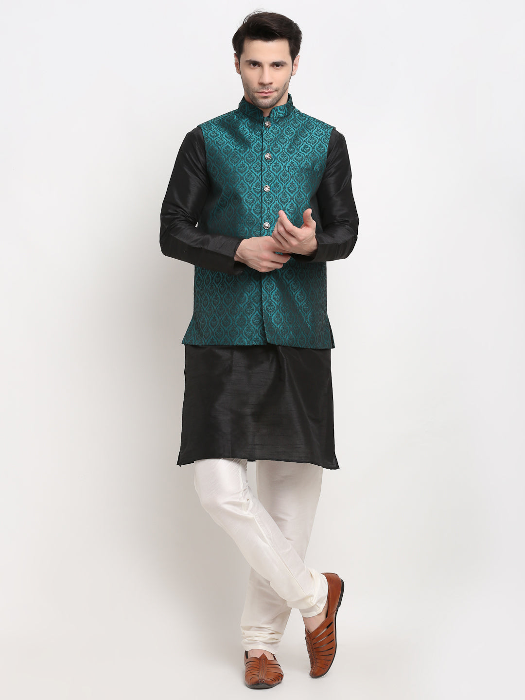 Jompers Men's Black Dupion Silk Kurta with Churidar & Nehru Jacket (Green ) - Distacart