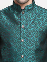 Thumbnail for Jompers Men's Black Dupion Silk Kurta with Churidar & Nehru Jacket (Green ) - Distacart