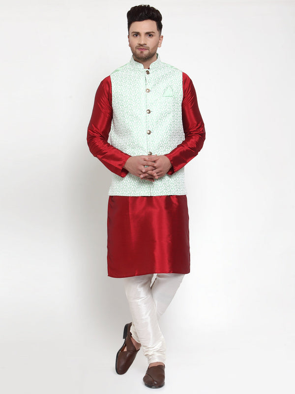 Jompers Men's Solid Dupion Kurta Pajama with Embroidered Nehru Jacket (Light-Green) - Distacart