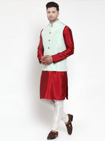 Thumbnail for Jompers Men's Solid Dupion Kurta Pajama with Embroidered Nehru Jacket (Light-Green) - Distacart