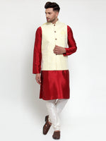 Thumbnail for Jompers Men's Solid Dupion Kurta Pajama with Embroidered Nehru Jacket (Yellow) - Distacart