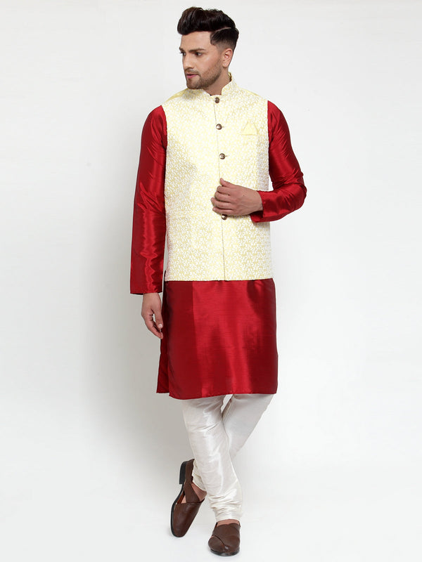 Jompers Men's Solid Dupion Kurta Pajama with Embroidered Nehru Jacket (Yellow) - Distacart