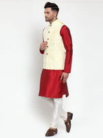 Thumbnail for Jompers Men's Solid Dupion Kurta Pajama with Embroidered Nehru Jacket (Yellow) - Distacart